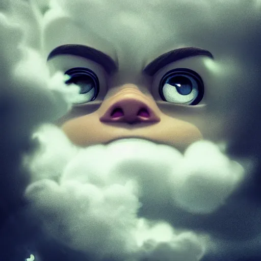 Image similar to super cute but angry cloud, portrait, face symmetry, centered, anime style, disney character style, octane render, symetrical portrait, 3 d, pixar, disney, epic lighting, cinematic composition, hyperrealistic, 8 k