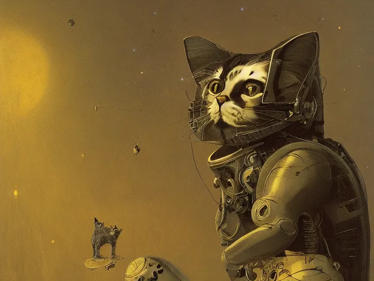 Image similar to a detailed profile painting of a cat in a spacesuit, symmetrical and science fiction theme by beksinski carl spitzweg and tuomas korpi. baroque elements, full-length view. baroque element. intricate artwork by caravaggio. Trending on artstation. 8k