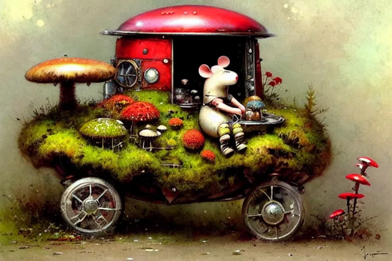 Prompt: adventurer ( ( ( ( ( 1 9 5 0 s retro future robot android fat mouse house wagon mushrooms, flowers, moss. muted colors. ) ) ) ) ) by jean baptiste monge!!!!!!!!!!!!!!!!!!!!!!!!! chrome red