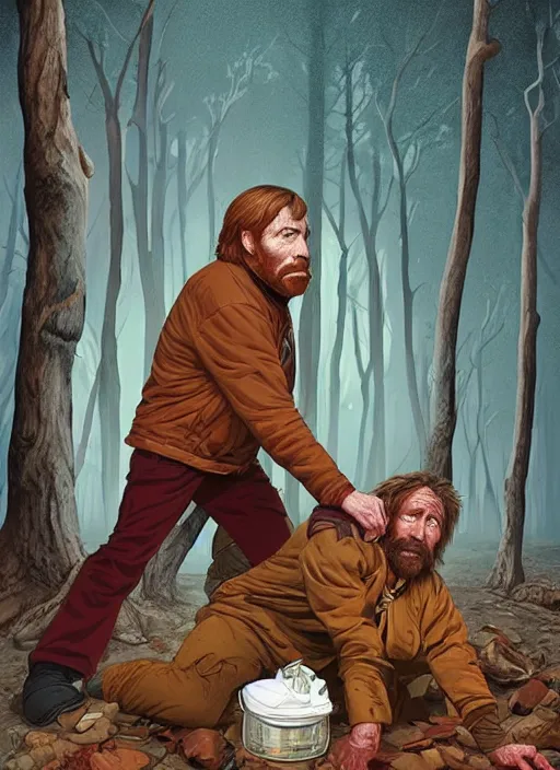 Prompt: poster artwork by Michael Whelan and Tomer Hanuka, Karol Bak of Chuck Norris as the local homeless man in the small town who has a spiritual connection to the world and is the protector of the woods, from scene from Twin Peaks, clean