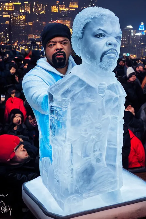 Image similar to dramatic photo, the rapper'ice cube'carving a full body ice sculpture of rapper'ice cube'at harbin ice festival, wide angle photo, award winning, artgerm, wlop, james gurney, trending on artstation