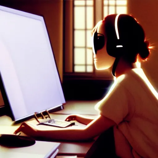 Image similar to film cell from Studio Ghibli of female Japanese student in profile, sat at her desk, her face lit by the computer screen, wearing headphones, japan, window, Tokyo, neon lights outside , by Hayao Miyazaki