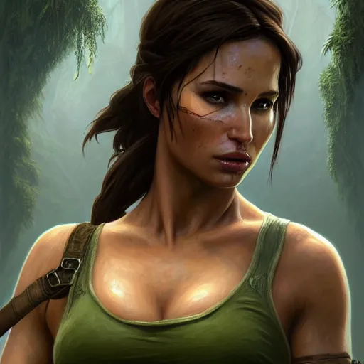 Prompt: portrait of Lara Croft, Tomb Raider, brown eyes, face, fantasy, intricate, elegant, in feywild, green mist, highly detailed, digital painting, trending on artstation, concept art, smooth, sharp focus, illustration, art by artgerm and greg rutkowski and alphonse mucha, unreal engine, 4k, 8k