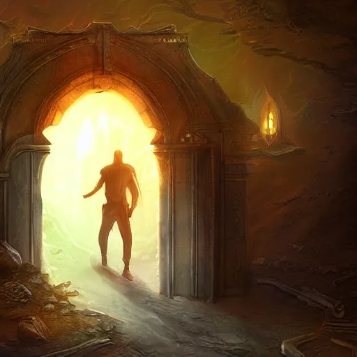 Image similar to a man through a mystical door leading to another dimension, fantasy, artstation detailed digital art