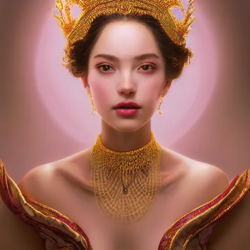 Prompt: expressive oil painting, of alluring european princess, seductive look, smooth glowing skin, glistening body, love, adoration, ornate headpiece made from beads, white choker, pink earrings, glamour shot, by yoshitaka amano, by greg rutkowski, by jeremyg lipkinng, by artgerm, digital art, octane render, white dress