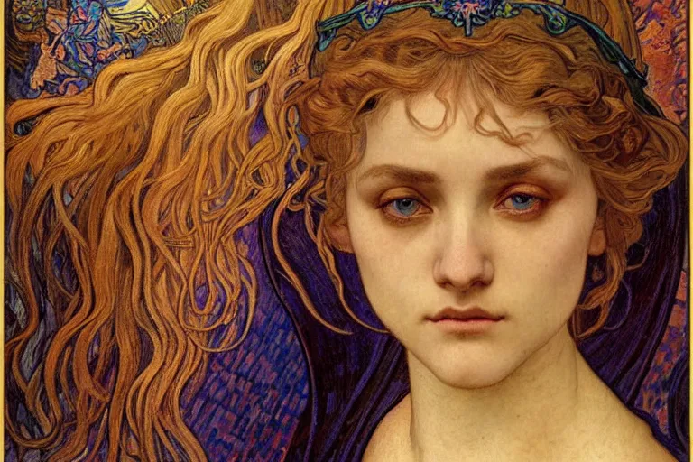 Image similar to detailed realistic beautiful young medieval queen face portrait by jean delville, alphonse mucha, vincent van gogh, and marco mazzoni, art nouveau, symbolist, visionary, gothic, pre - raphaelite