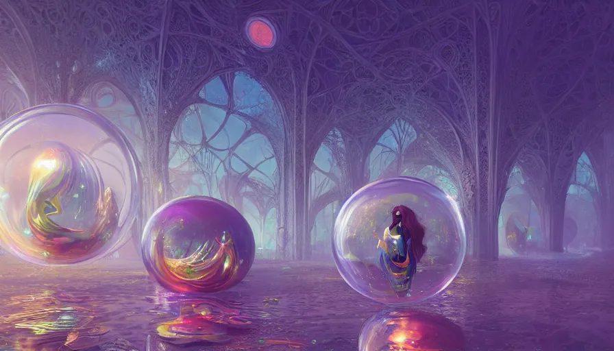 Image similar to a beautiful woman inside ornate bubbles of iridescent liquid, alchemy, intricate, bloom, detailed, volumetric lighting, sharp focus, photorealism, digital painting, highly detailed, concept art, by roger dean and simon stalenhag and mark brooks