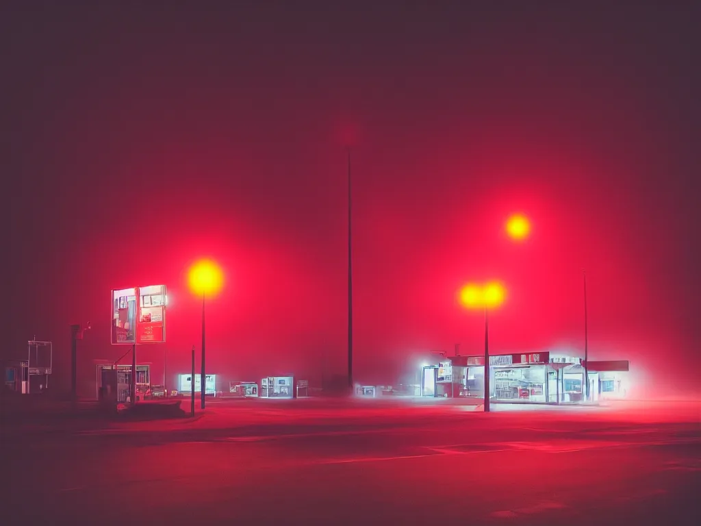 Image similar to “photography of gas station , fog, red lights, night, mood, atmospheric, full of colour, digital photography”