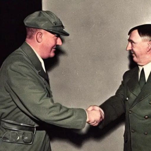 Image similar to adolf hitler shaking hands with shrek