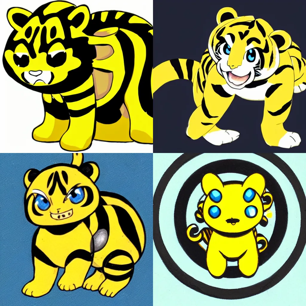 Prompt: a cute round black and yellow baby tiger with electric powers, official art by ken sugimori