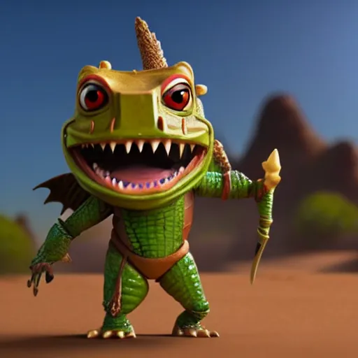 Image similar to antropomorphic medieval knight crocodile warrior as nendoroid walking in a desert in the croods movie style, anime, disney, pixar, 8 k, hd, dof, kodak film, volumetric lighting, subsurface scattering, photorealistic, octane render, details