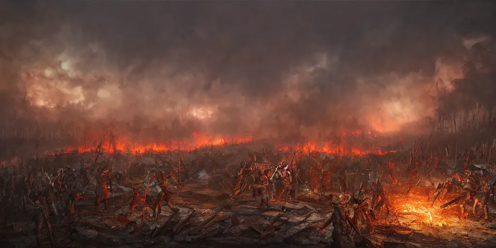 Prompt: painting of the battleground, the corpses of knights lie, a small fire blazes in the distance, epic artwork, atmospheric light, muted tones, by Evgeny Botvinnik