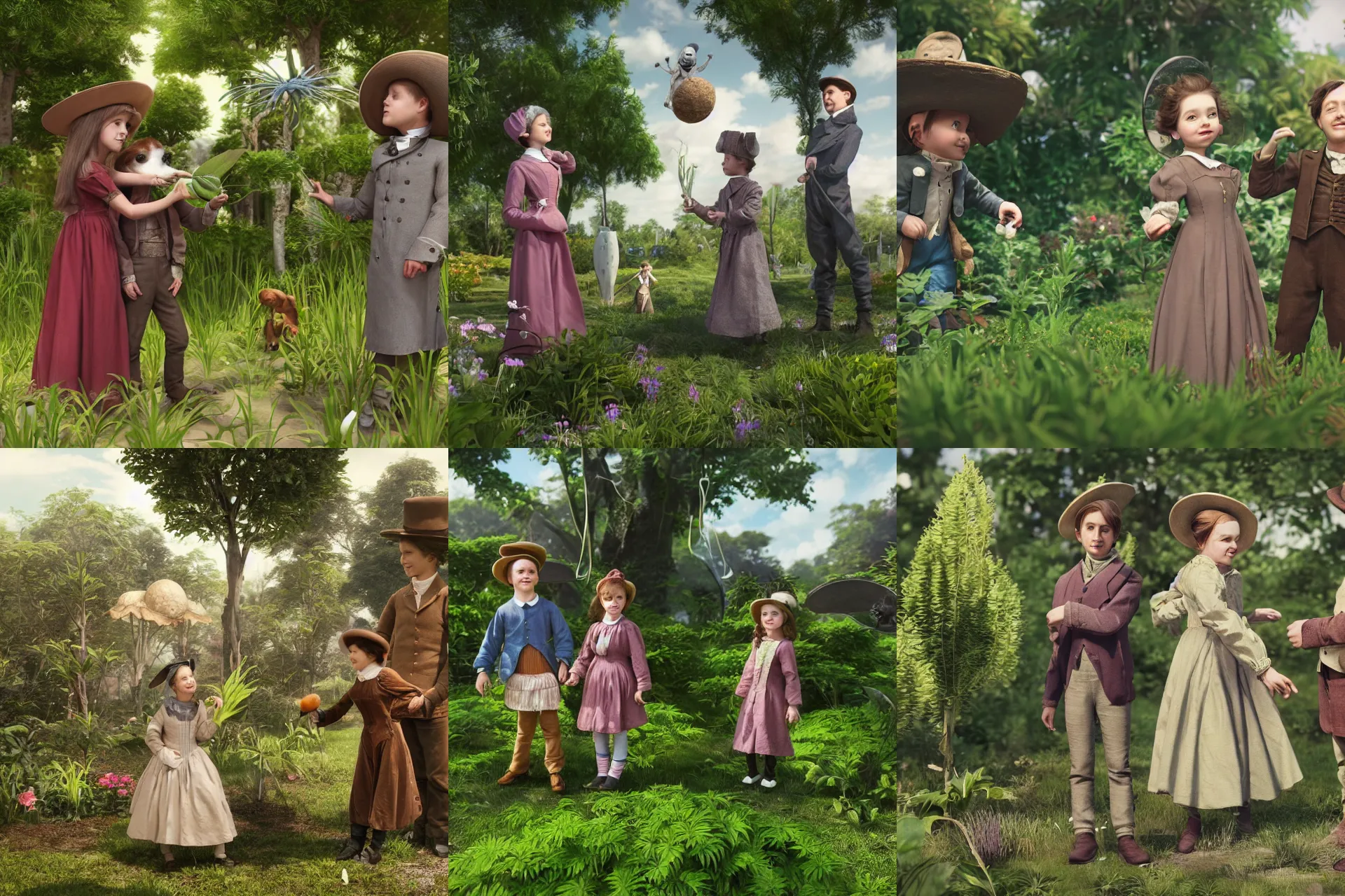 Prompt: a girl and a boy standing next to some alien plants, looking happy, wearing 1850s era clothes, they are playing with their small pet alien creature, in a park on a alien planet, extremely high details, ultra realistic facial details, in focus faces, hyper photorealistic raytracing, 8k