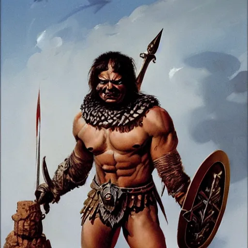 Image similar to quarter length portrait of a gladiator hobgoblin, d & d, fantasy, greg rutkowski, frank frazetta, alexandre chaudret, boris vallejo, michael whelan, miro petrov, hr giger, magali villeneuve, donato giancola