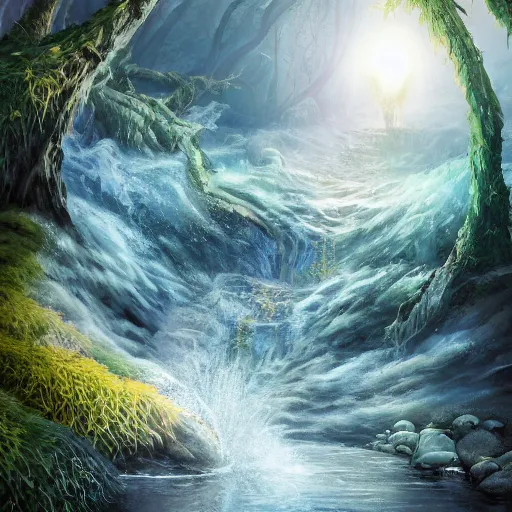 Prompt: water elemental emerges from a placid pool, serene, beautiful, fantasy, majestic, digital art, 8 k, highly detailed