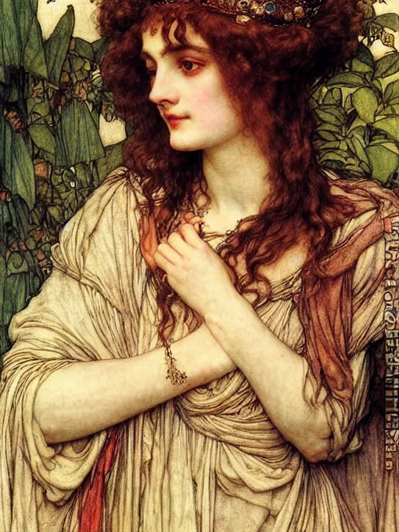 Image similar to Goddess. Extremely high detail, details, realistic, masterpiece, colorful. Portrait painting by Arthur Rackham, Eugene de Blaas, Frederic Leighton