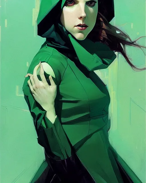 Image similar to Joshua Middleton comic art, Jeremy Mann art, artgerm, cinematics lighting, beautiful Anna Kendrick supervillain, green dress with a black hood, angry, symmetrical face, Symmetrical eyes, full body, flying in the air over city, night time, red mood in background