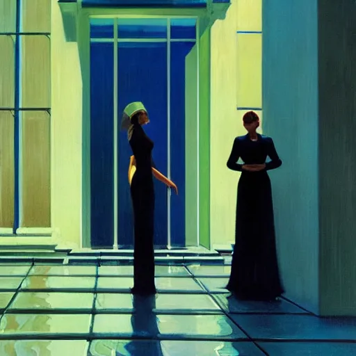 Image similar to action moment, beautiful woman portrait, courtyard, capital, cybermosque interior, control panel, watcher, omniscient, tech noir, wet reflections, impressionism, matte painting, speed painting, edward hopper, syd mead