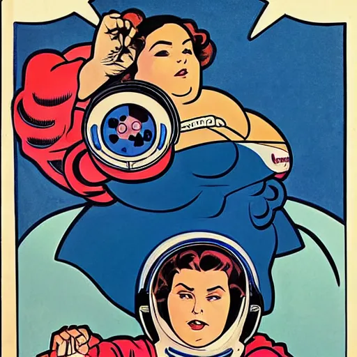 Prompt: a chubby woman with straight brown hair, floating in space. she is an astronaut, wearing a space suit. well composed, clean elegant painting, beautiful detailed face. comic book art by steve ditko and jack kirby and ( alphonse mucha )