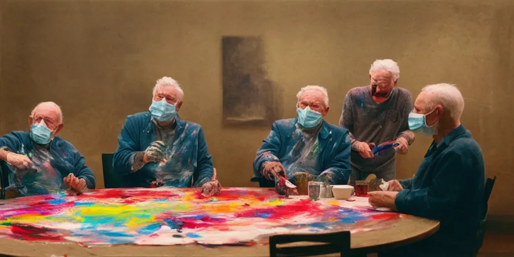 Prompt: film still of wrinkly old men wearing surgical masks sitting at a round table and finger painting, directed by david lynch, vibrant colours