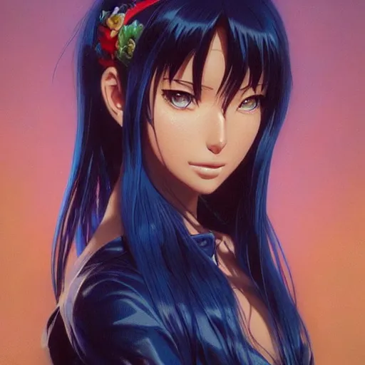 Image similar to highly detailed vfx portrait of nico robin by eiichiro oda!!!, stephen bliss, greg rutkowski, loish, rhads, beeple, makoto shinkai, tom bagshaw, alphonse mucha, sharp focus, art by artgerm and greg rutkowski, stanley kubrick, backlit, harsh overhead sunlight, detailed blue eyes!!,