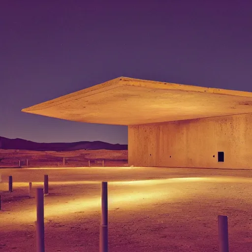 Image similar to concrete structure with neon lights in the middle of a desert, minimalistic architecture, at night, dark, surreal, open space, light art, james turrel,