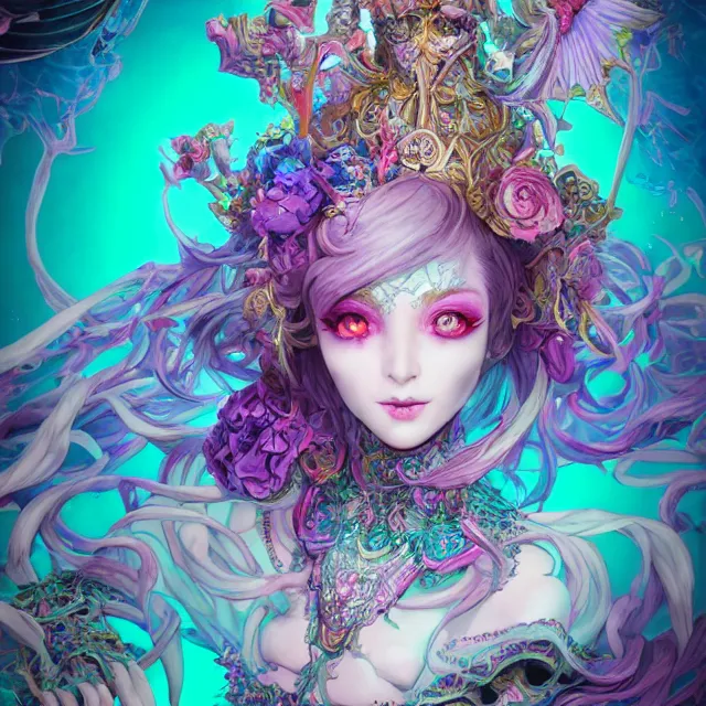 Image similar to the portrait of chaotic evil fallen sensual colorful female necromancer overlord as absurdly beautiful, gorgeous, young idol, an ultrafine hyperdetailed illustration by kim jung gi, irakli nadar, intricate linework, bright colors, octopath traveler, final fantasy, unreal engine 5 highly rendered, global illumination, radiant light, detailed and intricate environment