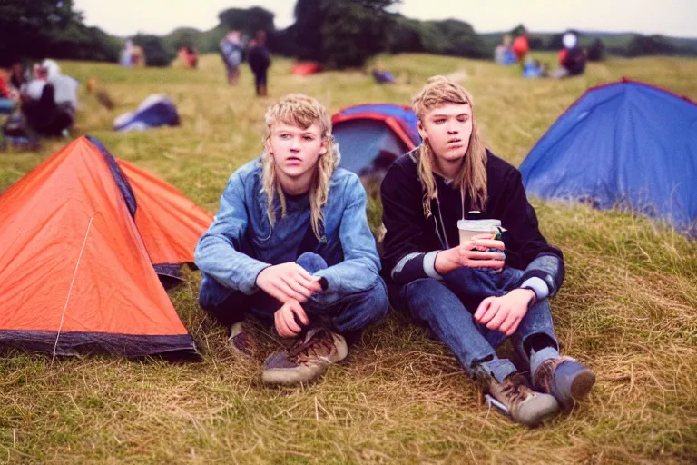 Image similar to candid photo of 3 teenagers camping at Glastonbury, UK, Kodak Portra 200,8K,highly detailed: beautiful perspective closeup environmental portrait photo in style of 2000s retrofuturism, cinema lighting , by beksinski, photography fashion edition, tilt shift, highly detailed, focus on man ;blonde hair;blue eyes, clear eyes, soft lighting