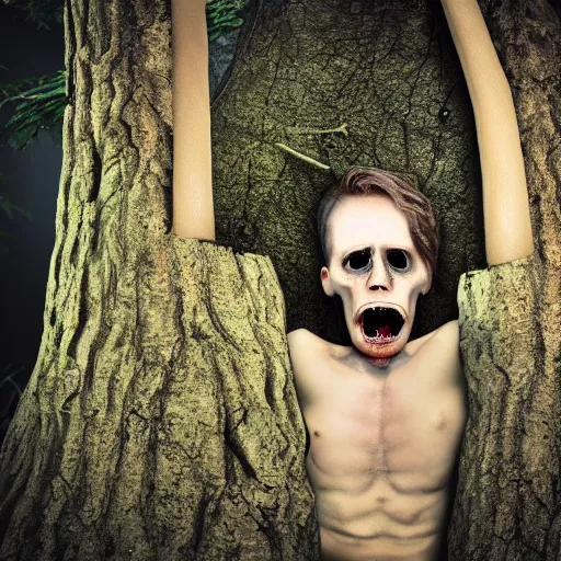 Prompt: an angry pale corpse trapped within a tree trunk, horror, photography, hyper realistic, daytime, gloomy forest, nightmarish