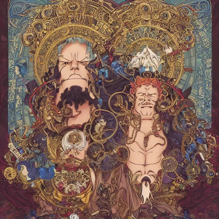 Image similar to portrait of Jinbe from one piece comic by Jeff Easley and Peter Elson + beautiful eyes, beautiful face + symmetry face + border and embellishments inspiried by alphonse mucha, fractals in the background, galaxy + baroque, gothic, surreal + highly detailed, intricate complexity, epic composition, magical atmosphere + masterpiece, award winning + trending on artstation