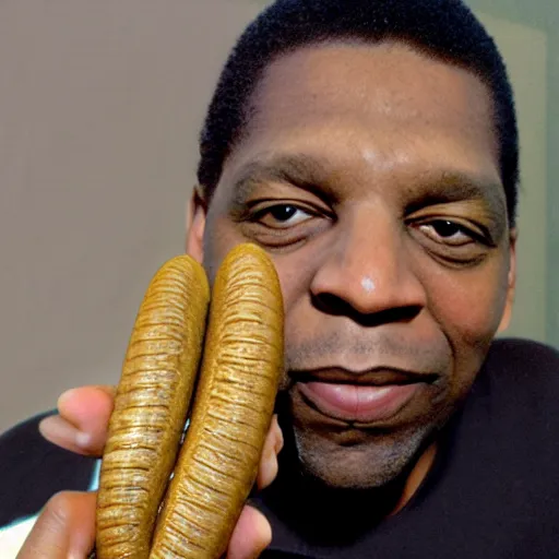 Image similar to happy john coltrane snuggling a giant mealworm in bed