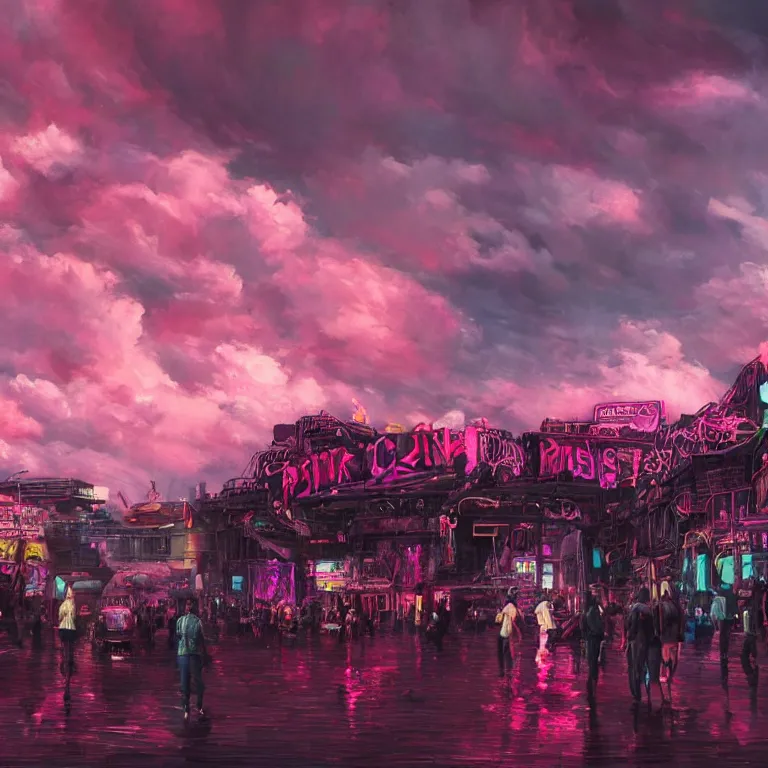 Image similar to oil painting, rich deep colors masterpiece, pink, people with mohawks, punk, neon, ultra detailed, contrast, heaven pink, arches, clouds, sky, volumetric light, atmospheric lighting, dramatic, cinematic, steampunk, moody, octane render 4 k, 8 k