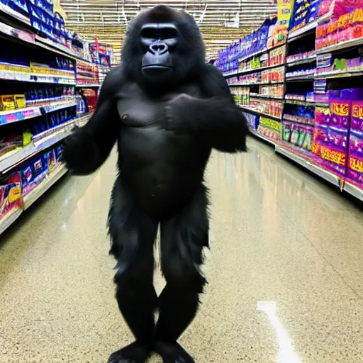 Image similar to photo of gorilla in walmart, cell phone camera, zoom,