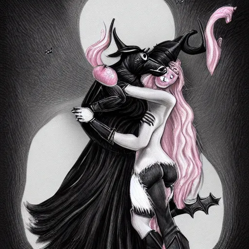 Image similar to fantasy art of a witch turning a man into a cow, black and white fur, pink udder, extremely detailed, trending on artstation