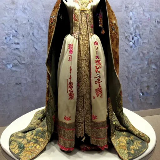 Image similar to An empress bridal ensemble is shown on a mannequin in a museum from a 1900s historical fantasy that combines Russian and Japanese influences.