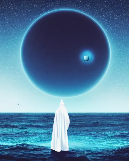 Image similar to a person wearing a white cloak standing in the water. a large planet is overhead. an album cover by stanley twardowicz, trending on cg society, retrofuturism, retrowave, chillwave, synthwave