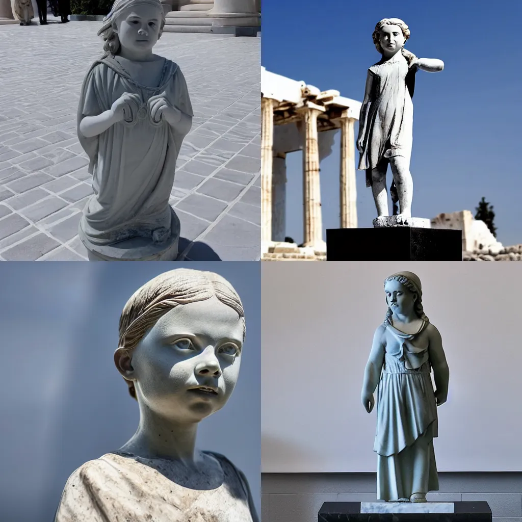 Prompt: Greek marble statue of Greta Thunberg