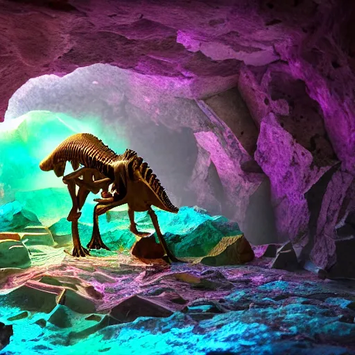 Prompt: photorealistic dinosaur skeleton inside a geode of colored crystals, volumetric lighting