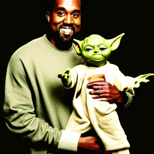 Image similar to kanye west smiling and holding yoda for a 1 9 9 0 s sitcom tv show, studio photograph, portrait