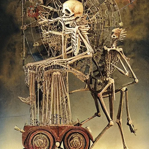 Prompt: The assemblage features a human figure driving a chariot. The figure is skeletal and frail, with a large head and eyes. The chariot is pulled by two animals, which are also skeletal and frail. 2000s, ancient roman painting by Ian Miller, by Slim Aarons unnerving