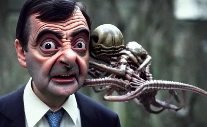 Prompt: alien facehugger mr bean vfx film