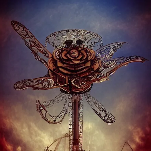 Image similar to giant mechanical rose, city, steampunk, fantasy art, sky in the background, detailed, behrens style