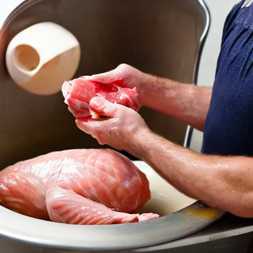 Prompt: man washing raw chicken in the sink