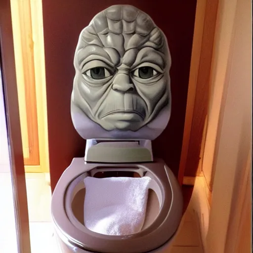 Prompt: toilet with angry facial expression, used by yoda