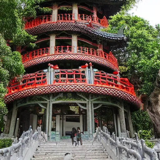 Prompt: a building designed by antonio gaudi in china suzhou gardens