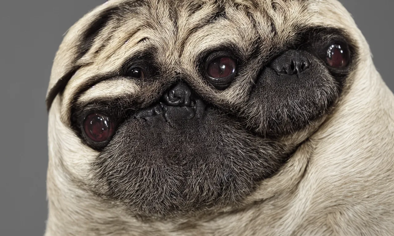 Image similar to pug sloth hybrid, chymera, in laboratory panoramic, wide depth of field, 8 k