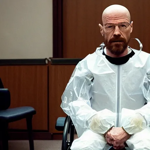 Image similar to walter white with a rough beard, wearing a clear plastic scuba rebreather, sitting in a wheelchair in a courtroom.