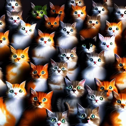 Prompt: many cats playing in a large colurful room, photorealistic, 4 k, highly detailed