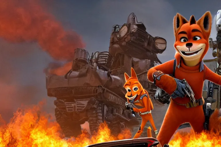 Image similar to nick wilde, heavily armed and armored facing down armageddon in a dark and gritty reboot from the makers of mad max : fury road