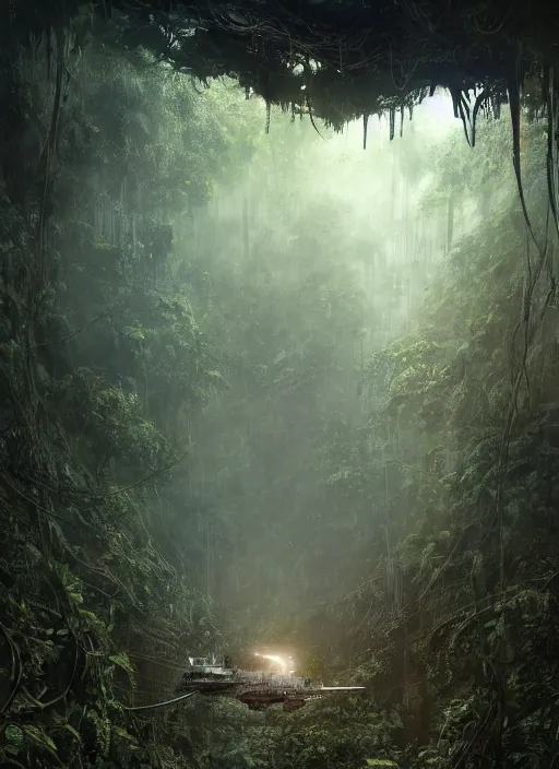 Prompt: decayed aircraft carrier USS Nimitz laying on the ground of a tropical forest overgrown with vegetation and hanging vines, post appocalyptic, by Luis Royo, by Greg Rutkowski, dark, gritty, intricate, cover illustration, concept art, volumetric lighting, volumetric atmosphere, sharp focus, octane render, trending on artstation, 8k